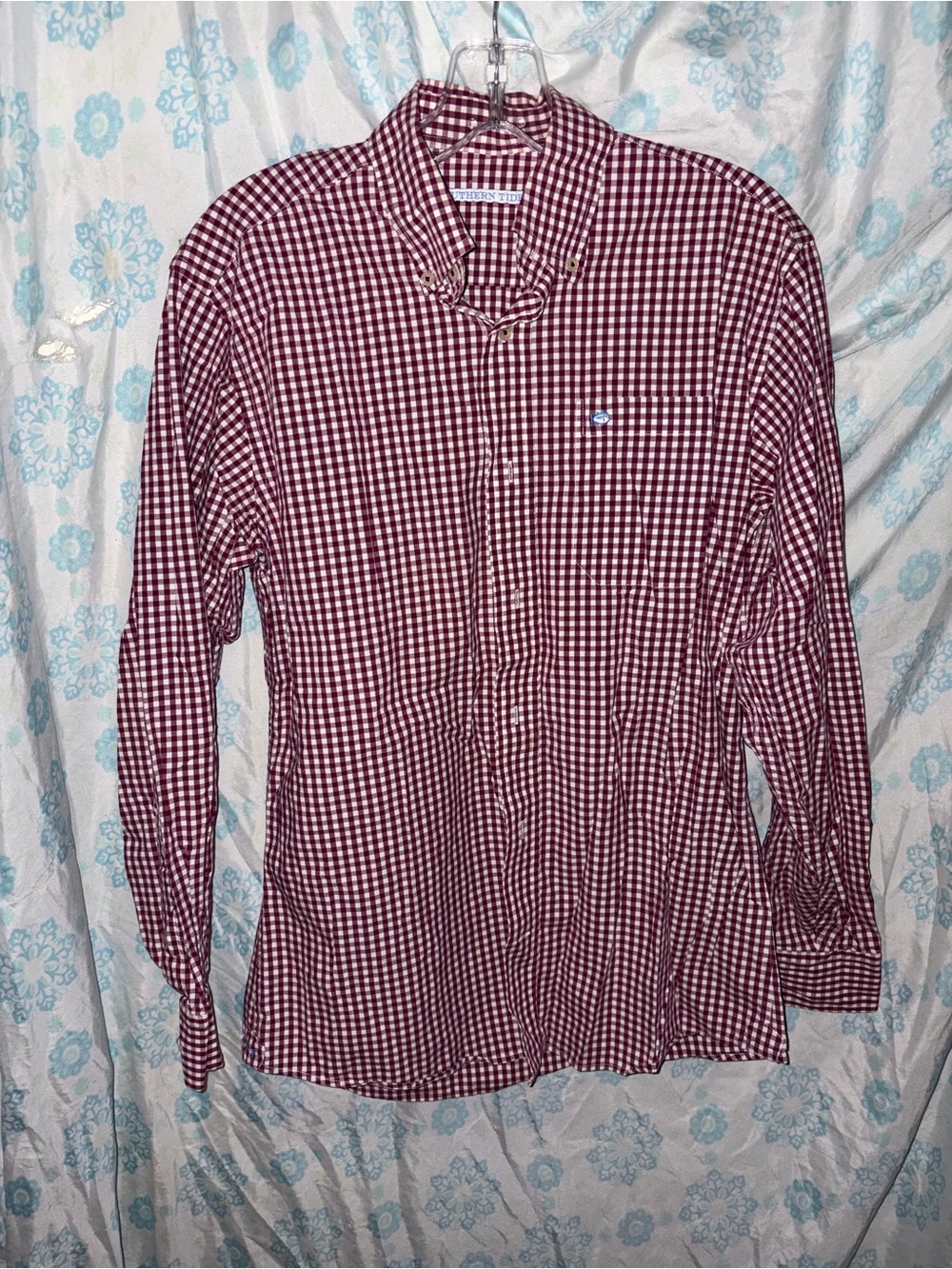 Southern Tide Men's Red and White Gingham Button-Down Shirt size small
